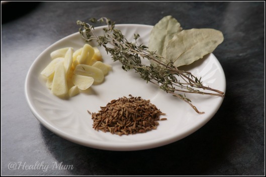 Thyme, garlic, caraway & bay leaves